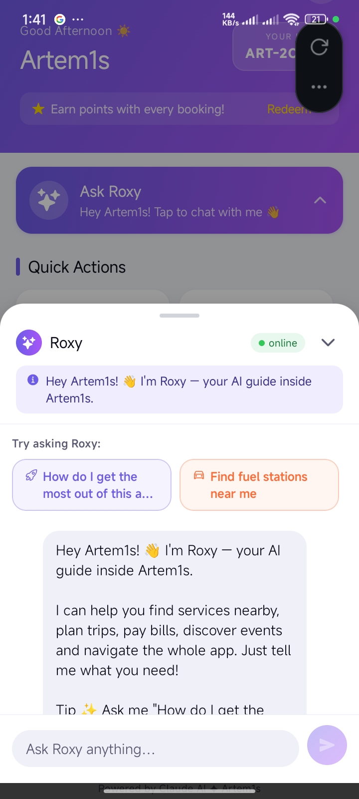 Roxy AI chat interface showing Roxy helping a user discover services and plan their day